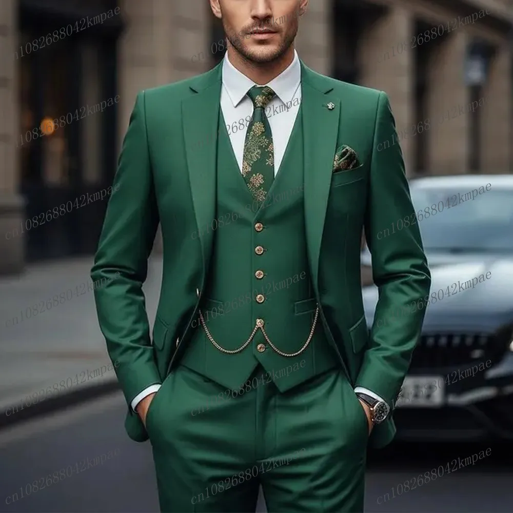 

New Green Men Suit Formal Groom Groomsman Wedding Party Prom Business Male Tuxedos 3 Piece Set Blazer Vest Pants