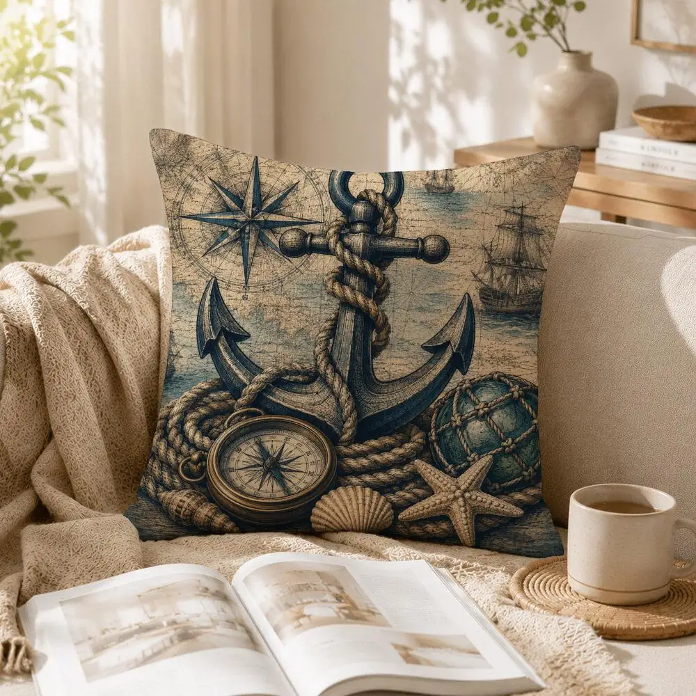 Vintage Maritime Legacy Cushion Cover Linen Pillow Cover 40x40cm Decorative Cushion Case Boho Home Sofa Decor Gift