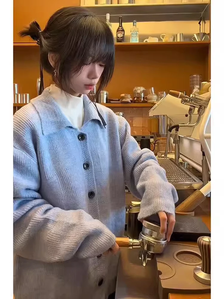 

Vintage Lazy Sle Chboard Pattern Collared Sweater ex Autumn Winter Thiened Knitted Cardigan Coat for Teenagers