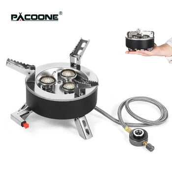 PACOONE 휴대용 야외 스토브, 캠핑 가스 스토브, 접이식 3 헤드 버너, 하이킹 피크닉용 보관 가방 포함, 강력한 화재 스토브, 6800W