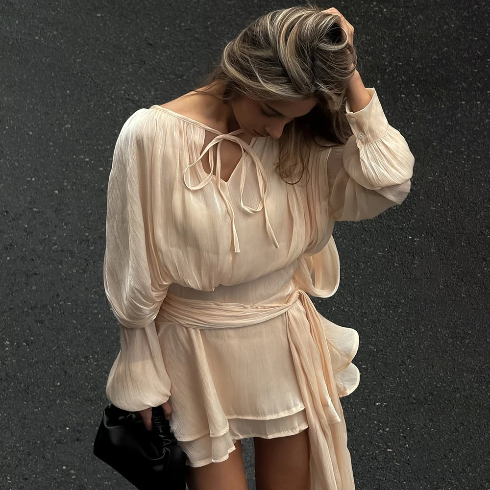 

BWQ Fashion Women Ruffles Short Dress Elegant Round Neck Lace Up Lantern Long Sleeve Vestido Chic Female Solid Short Sets
