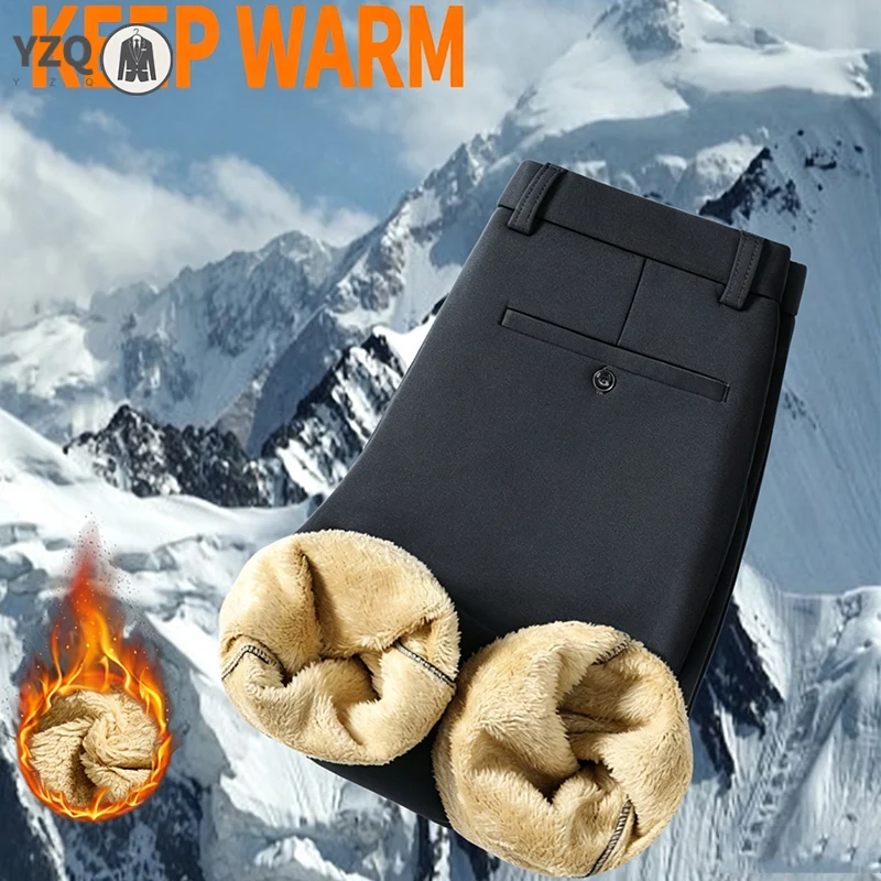 Plush Lined Male Commuting Long Pants Soft Thick Inner Woven Fabric Stable Waistband Autumn Winter Office Wear Slacks