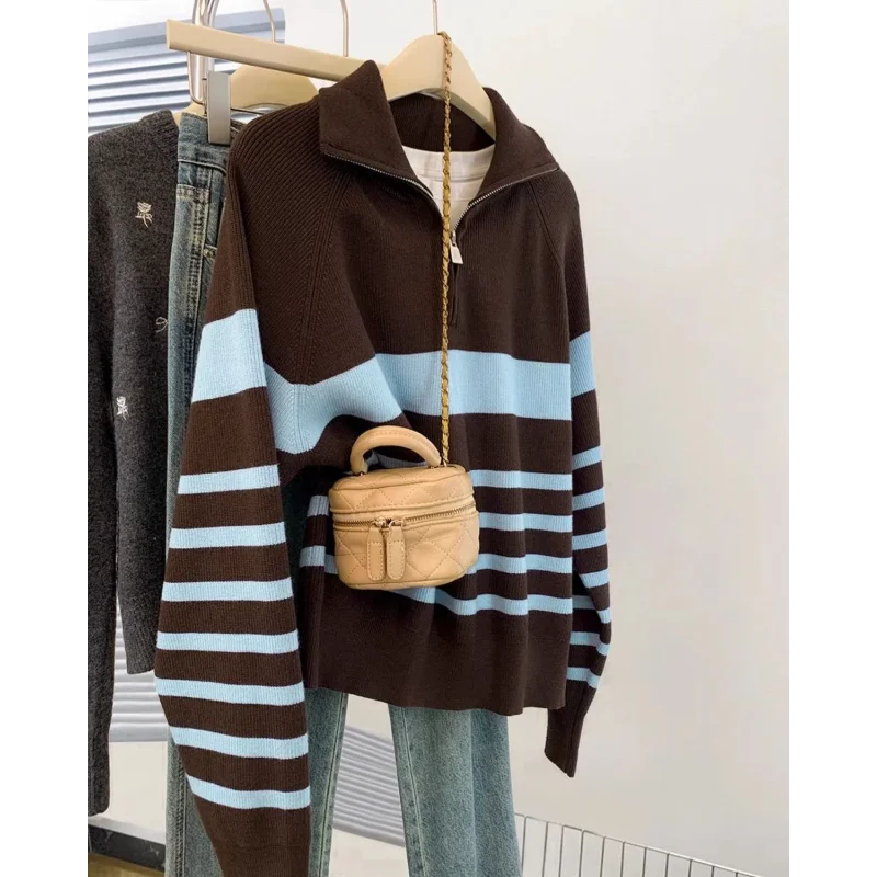 Damski sweter z paskami, zapinany na pół-zamek, jesienno-zimowy, nowy styl, luźny krój, odzież wierzchnia, dzianinowy top.