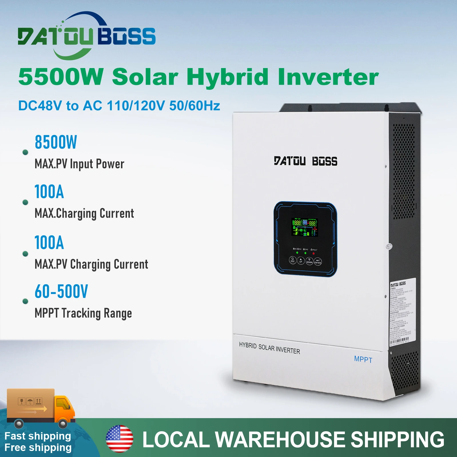 

DATOUBOSS 8500W 48V Hybrid Solar Inverter 110/120V 60Hz Pure Sine Wave Off-Grid Home Power System