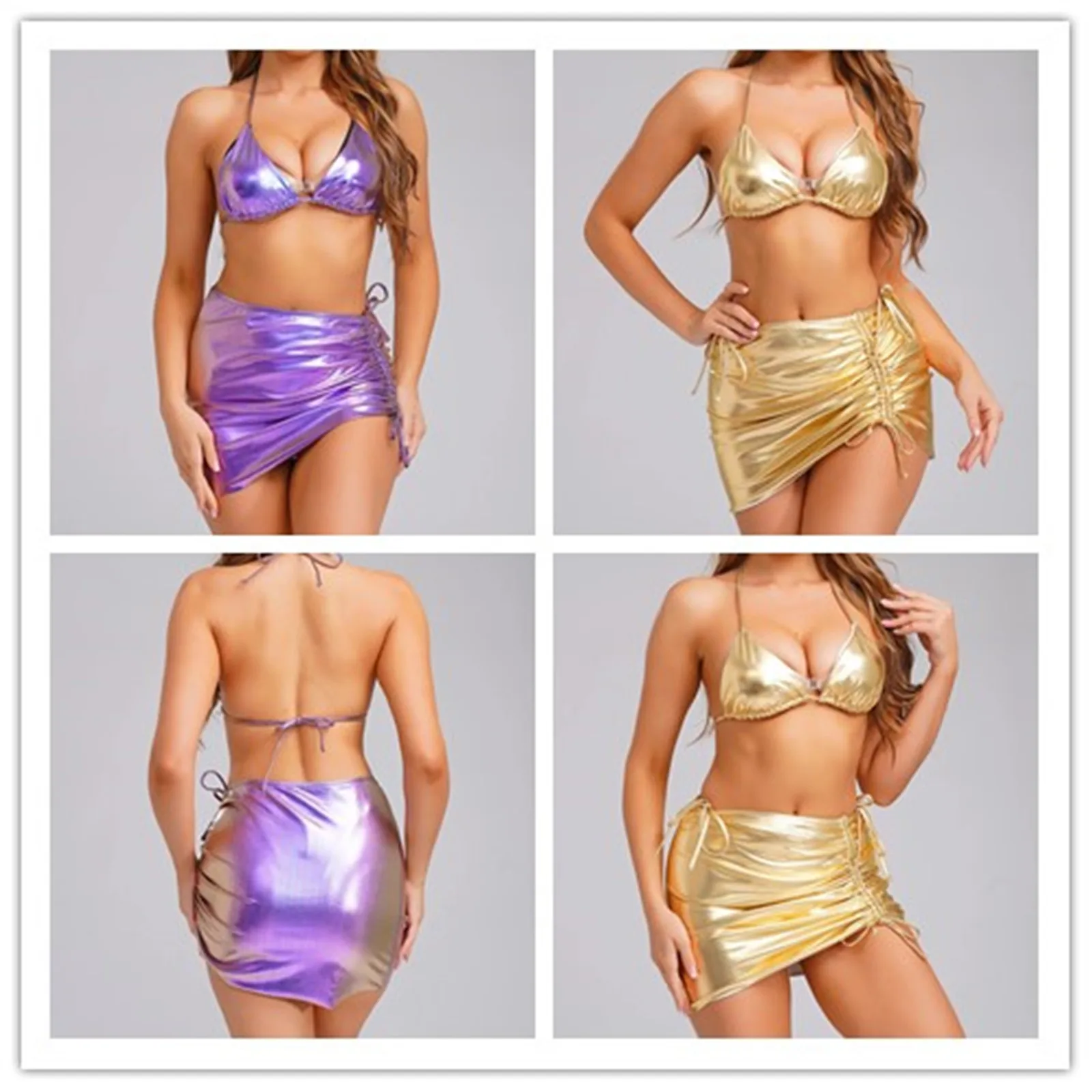 

Womens Metallic Shiny Mini Bikini Swimwear Set Halter Triangle Cup Bra Tops T-back Thong with Ruched Skirts Sexy Beach Swimsuit