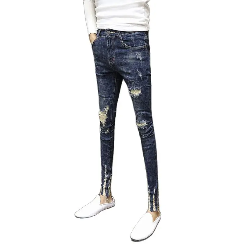 New 2022 Fashion Blue Ripped Hole Patch Slim Pants Male Skinny Jean Men Raw Edge Cat Claw Stretch Denim Ankle Length Pants Men