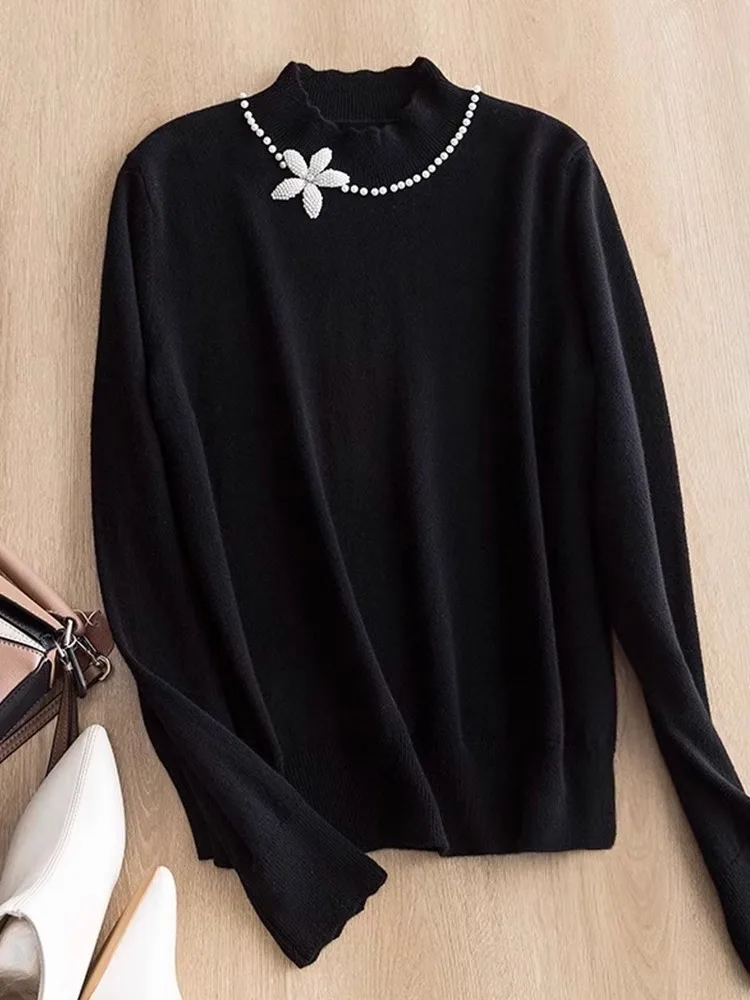 

Chic Pure Color Long Sve Lace Trim Knitted Base irt Women's Simple Faionable Pullover Korean Sle Commute Wind Top