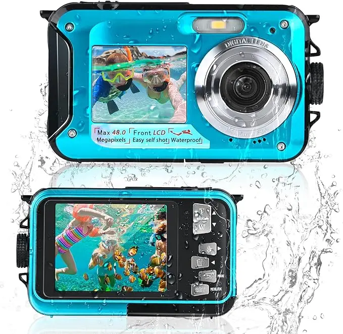 Unterwasserkamera Full HD 2,7K 48MP 10FT Kamera Wasserdichter Dual-Screen 16X Digitalzoom Schnorcheln Wasserdichte Digitalkamera