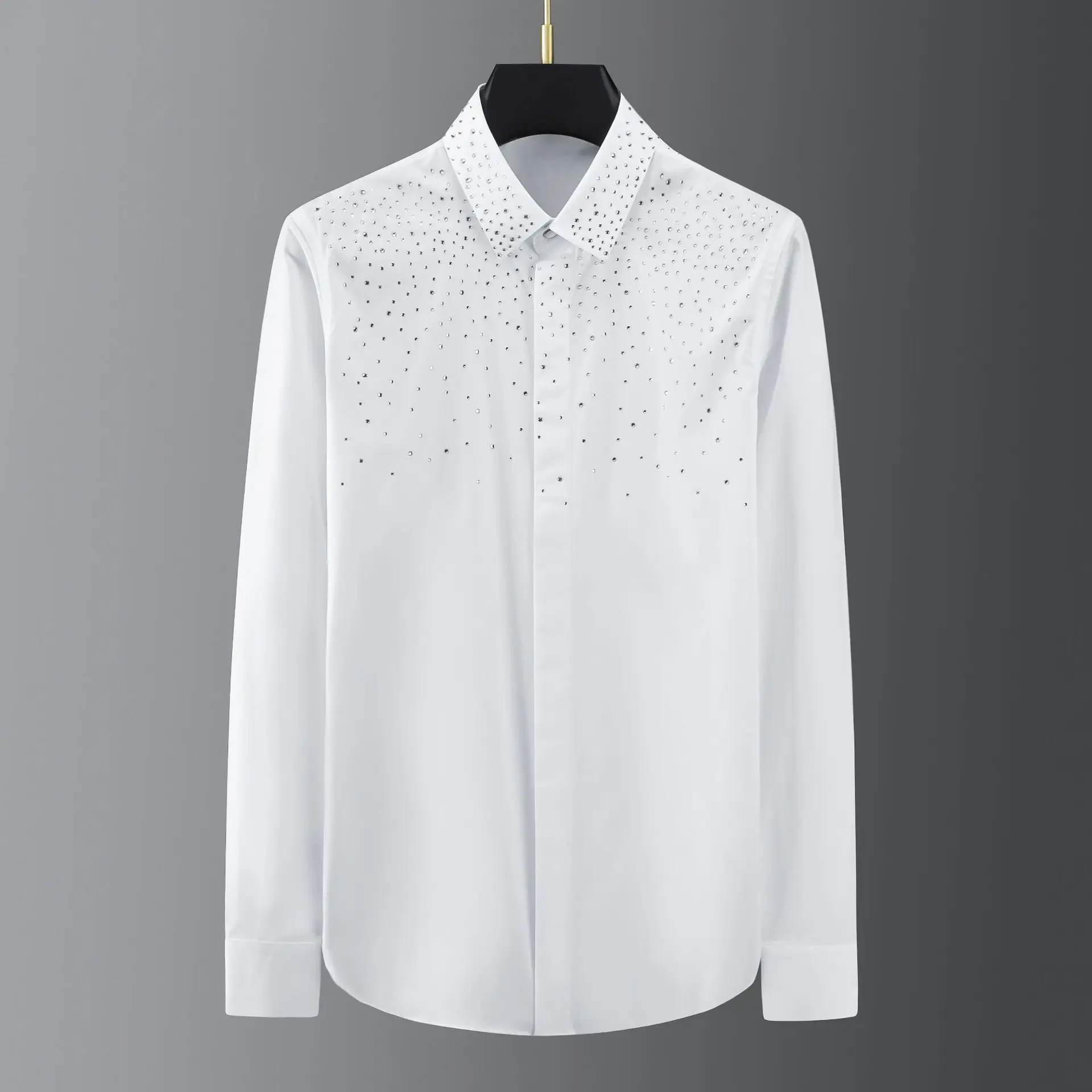 Czech Rhinestone Shirt Men's Long-sleeved Slim Casual Bottoming Shirt Nightclub Clothing Social Party Stage Singer Chemise Homme