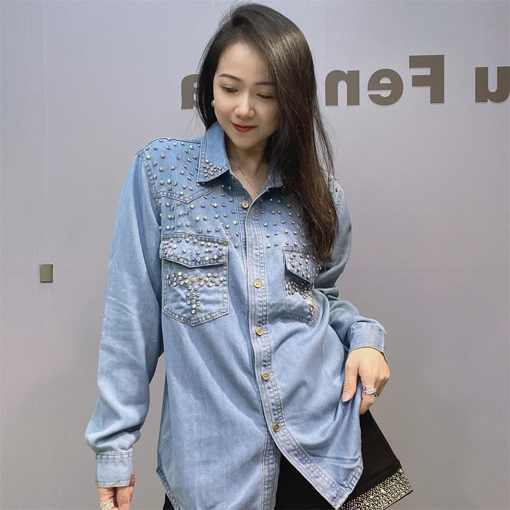 Women Diamonds Beaded Denim Shirts Shiny Rhinestones Jeans Blouse Crystal Cowboy Coat Sequins Rivets Cowboy Jacket Cardigan Tops