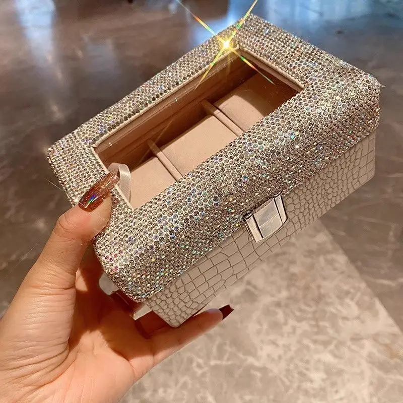 3 Slot Luxury Watch Storage Box Sparking Rhinestone Watch Case Women Leather Watches Box Visible Exquisite Wristwatch Organizer