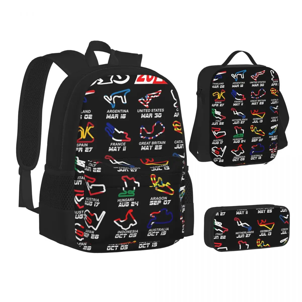 

Calendar SeasonMotoGp Circuits Backpacks Boys Girls Bookbag Children School Bags Kids Rucksack Lunch Bag Pen Bag Three-Piece Set