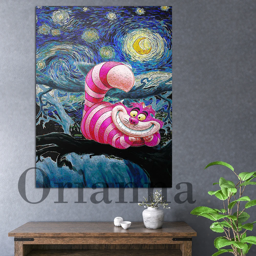 Alice In Wonderland Cheshire Cat Starry Night Vincent Van Gogh Wall Art Poster Cat Print Living Room Cuadros Home Decor Gift