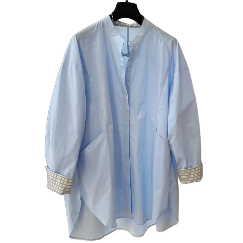 Blusa de mujer 2025 moda Casual suelta contraste manga larga cuello vuelto camisa de mujer Top