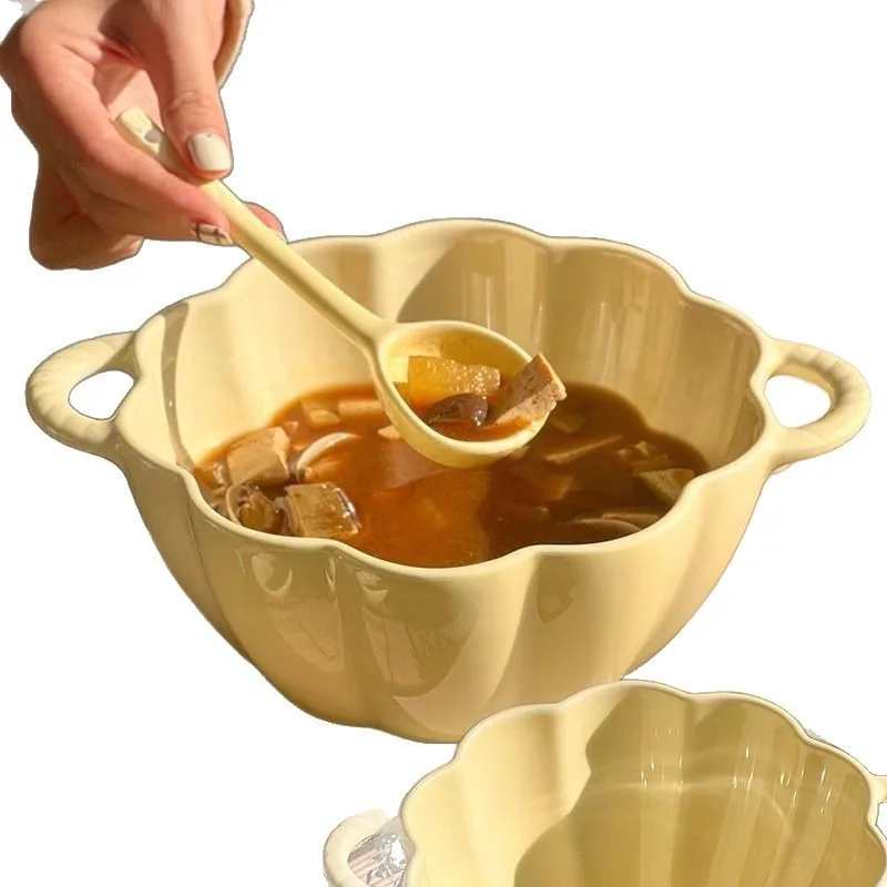 

pumpkin ceramic household milk fufu with spoon chopsticks high value large capacity cute instant noodles snail powder bowl