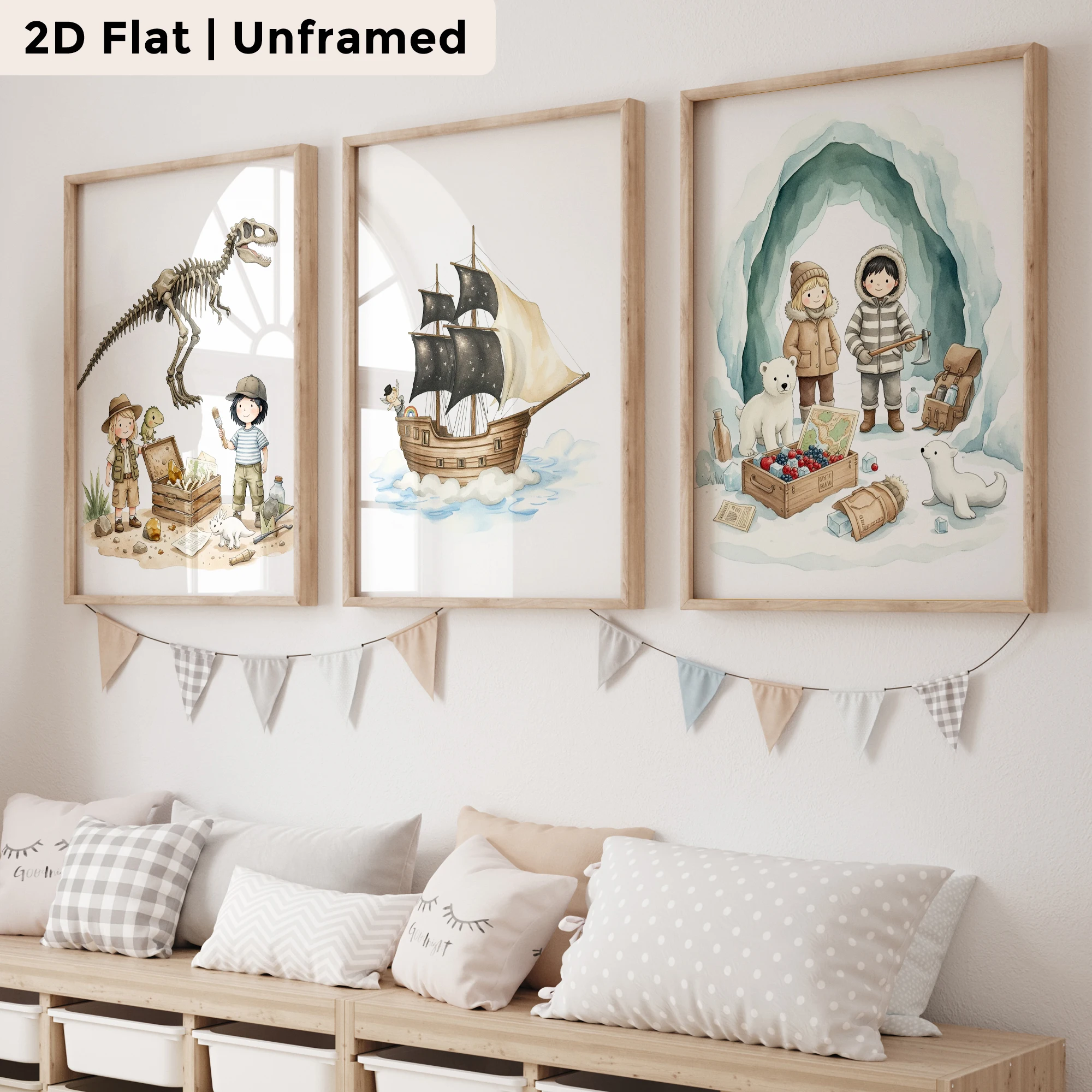 3pcs Modern,Cartoon Pirate Ship Dinosaur Wall Art Print Canvas Painting Poster Picture For Living Room,Bedroom Home Decor