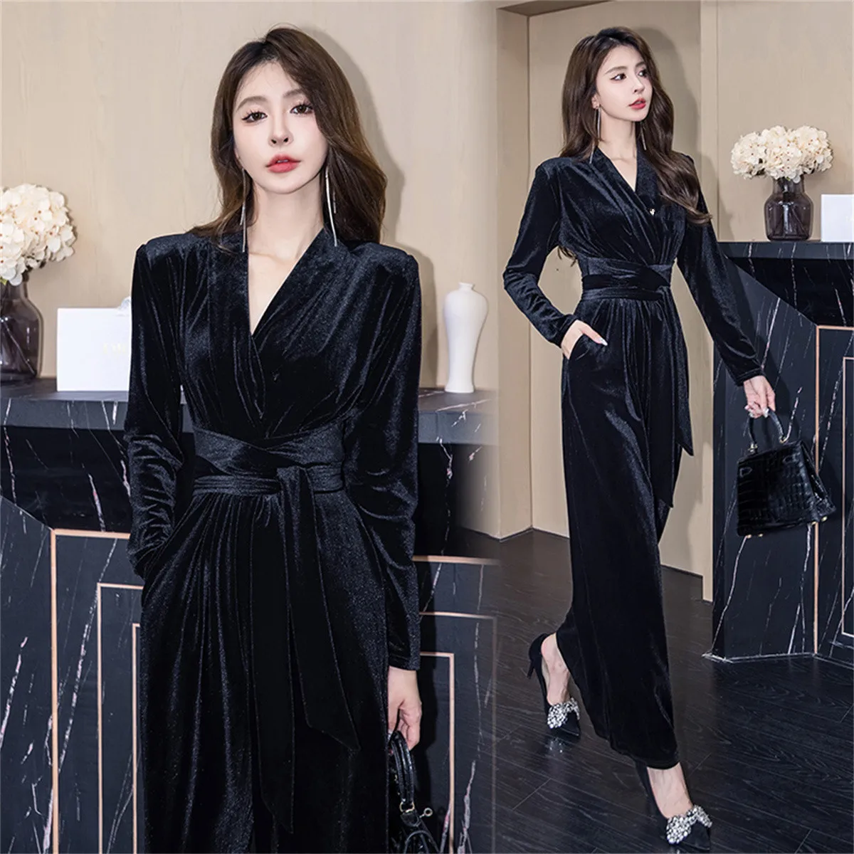

Fashion Temperamnet Velvet Jumpsuit For Women Elegant V-neck Long Sleeve Slim Wide-Leg Pants with Brooch