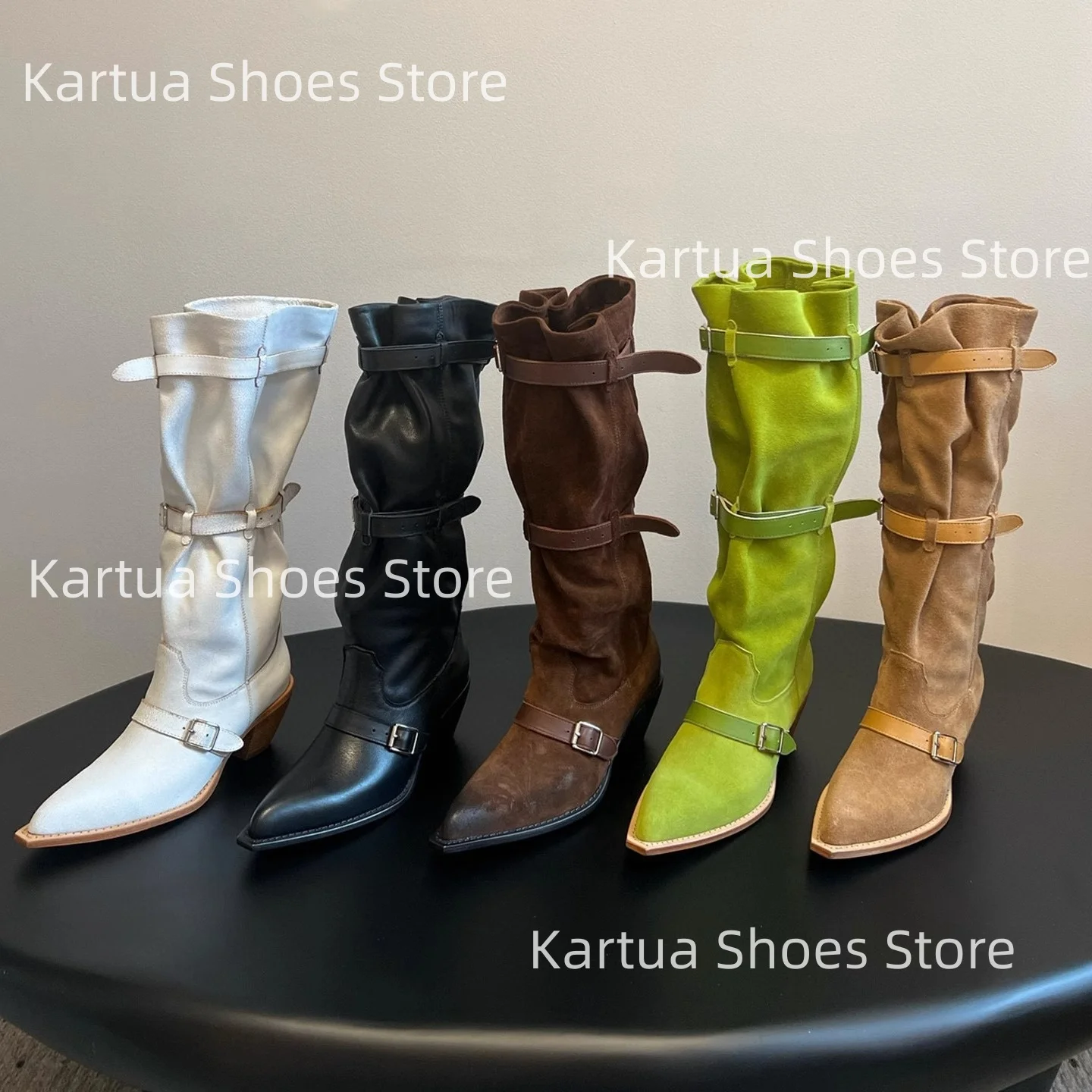 

Women Suede Western Cowboy Boots Retro Pointed Toe Chunky Heel Elegant Daily Street Loose Belt Buckle Decoration Knee-High Botas