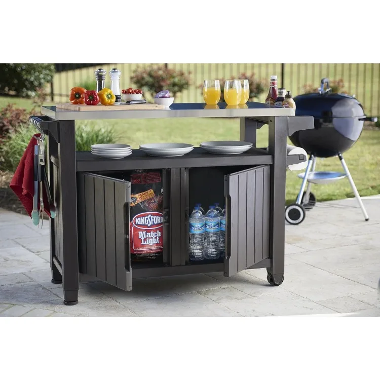 XL Rolling Bar Cart Outdoor Patio Furniture, Resin Wicker Serving Cart with Shelves and Bottle Opener, Ideal for Deck