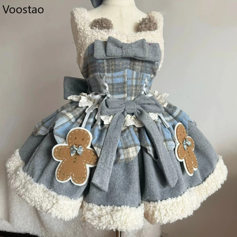 Autumn Winter Sweet Lolita Dress 2 Piece Set Japanese Women Chic Cloak Cute Plush Patchwork Dress Harajuku Kawaii Christmas Suit