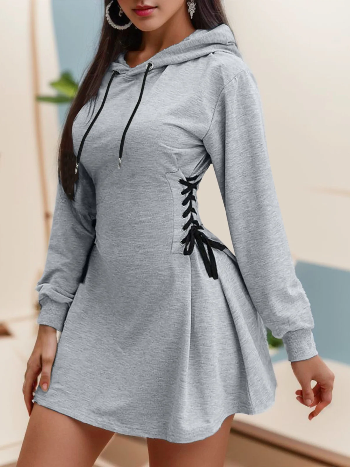 woman Women's Clothing Hoodies Sweatshirts Women's slim fit waist cinching strap drawstring long hooded sweatshirt Sweatshirts