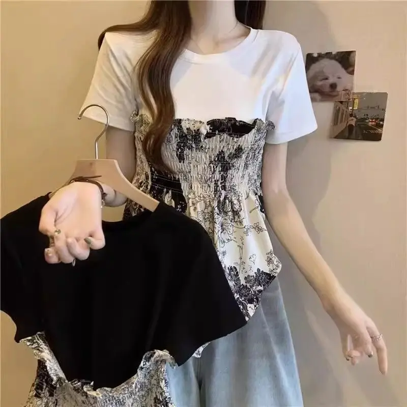 Summer Chiffon Patchwork T-shirt 2026 Women Short Sleeve Selvedge Printed Tops Ladies Casual Thin Comfortable Breathable Shirt