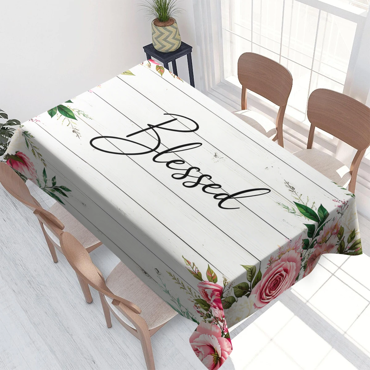 Vibrant Floral Grass Pattern Polyester Tablecloth, Decorative Dining Table Cover for Lovely Home Daily & Party Usage