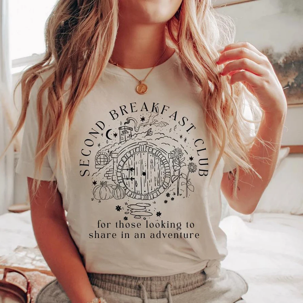 Camiseta Second Breakfast Club LOTR The Shire, camisetas literarias para amantes de la lectura, ropa estética vintage, camisetas de la Tierra Media
