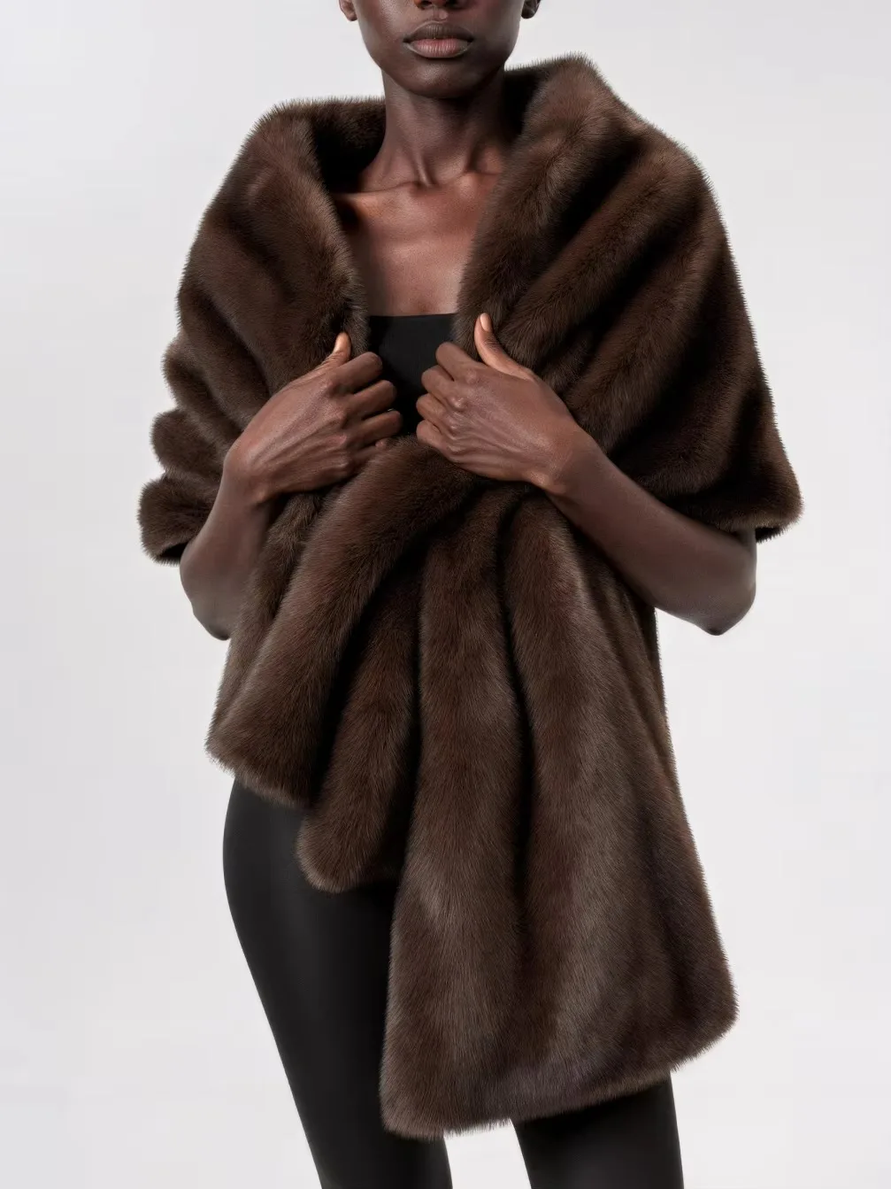 Women's Long Fluffy Faux Fur Scarf Shawl Plush Thick Warm Brown Winter Elegant Luxe Chic Outerwear