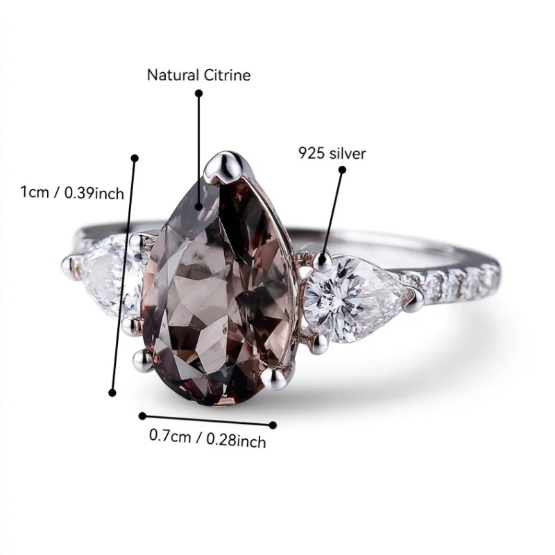 SGARIT Simple and Elegant Dangle Ring for Women Crystal Teardrop 7X10mm Natural Tea Crystal 925 Sterling Silver Wedding Ring