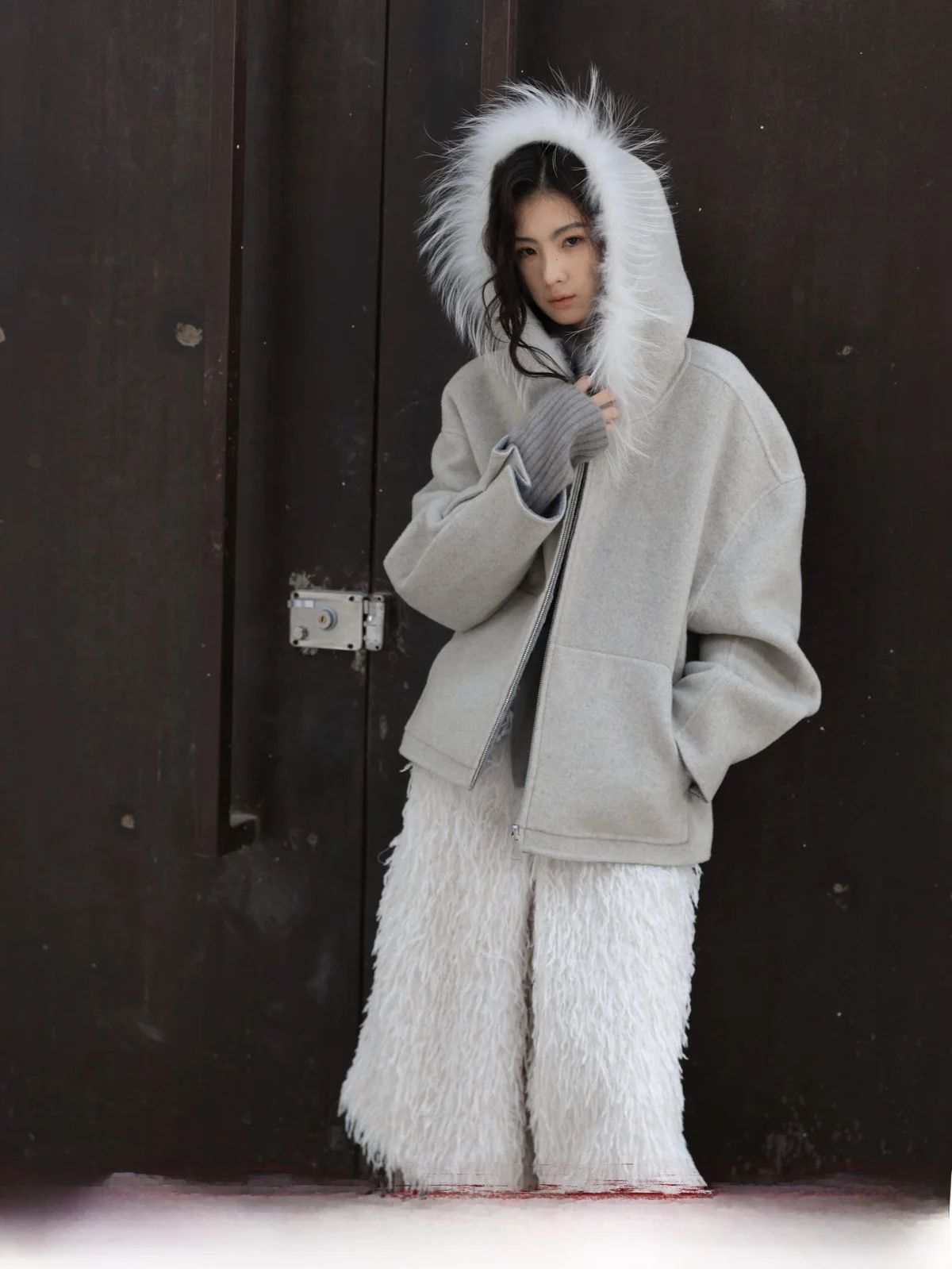 

Double-Sided Wearable Long Wool Coat with Hoodie Sweatirt Sle Fur Collar by Chang Guang Ai Zi Original Design for Young W...