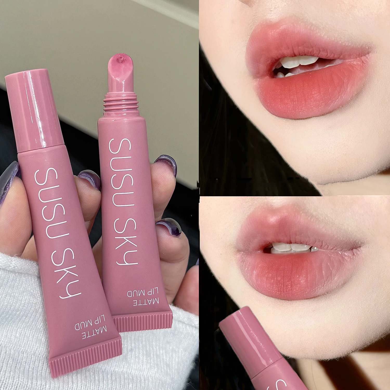 Soft Tube Pink Mist Lip Cream Mud Matte Velvet Lip Gloss Clay Long-lasting Color Non-drying Nude Peach Lip Glaze Rouge Tint 1pcs