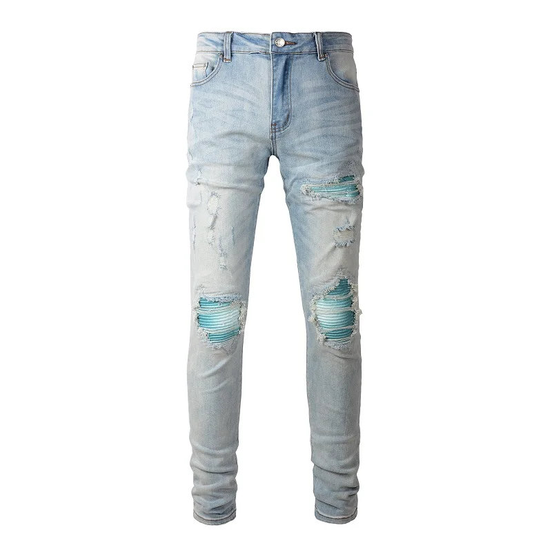 

Men's Cracked Pleated Patch Denim Jeans Light Blue Skinny Tapered Pants Streetwear Stretch Ripped Trousers