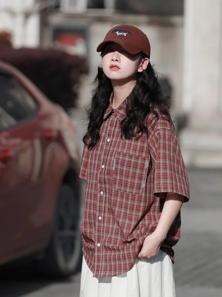 

Retro Japanese Sle Summer Thin ort Sve Plaid Cotton Casual irt ex Workwear Loose Fit Youth Faion Summer irt