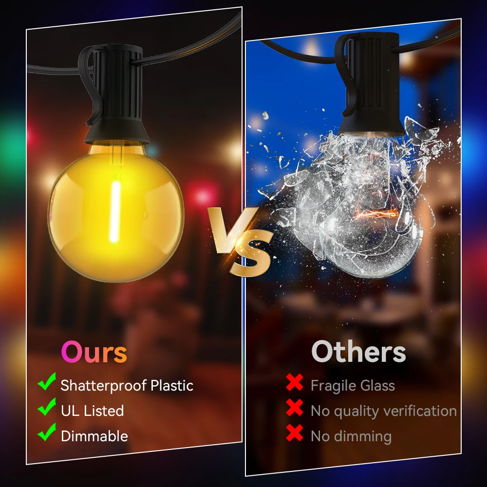 Impermeável LED String Light, Lâmpadas Coloridas, Garland de Rua, Conectável, RGB, Natal, Decoração de Casamento, G40, US 110V, 15m