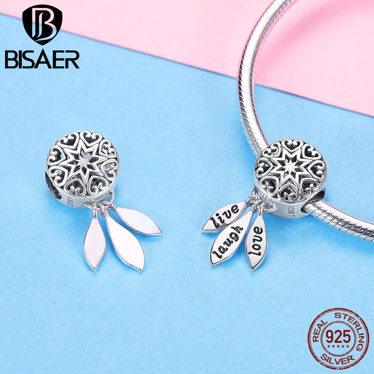 BISAER 100% 925 Sterling Silver Vintage Heart Charm Bead Four Leaf Clover Pendant Fit Women DIY Necklace Bracelet Fine Jewelry