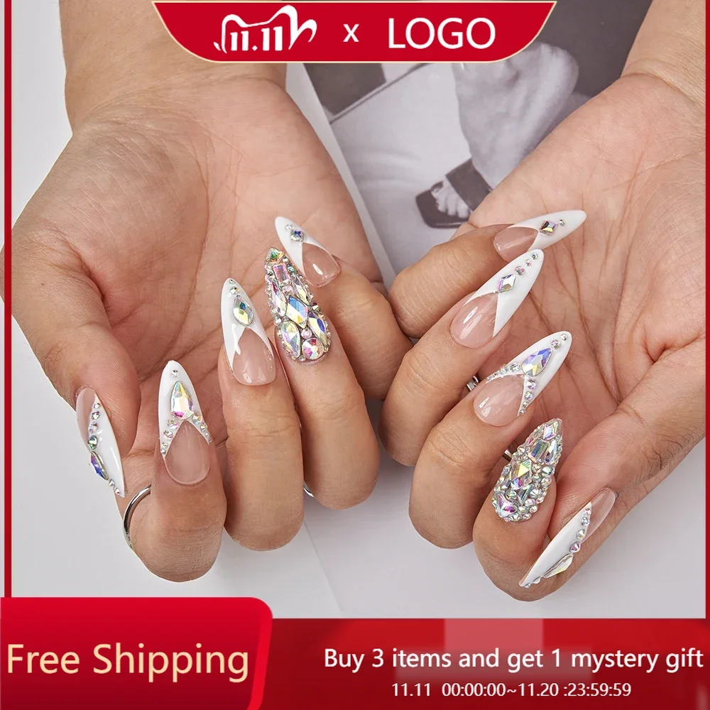 

Набор из 10 шт., роскошные сверкающие телесные миндалевидные типсы во французском стиле с полными стразами и накладными ногтями высокого класса