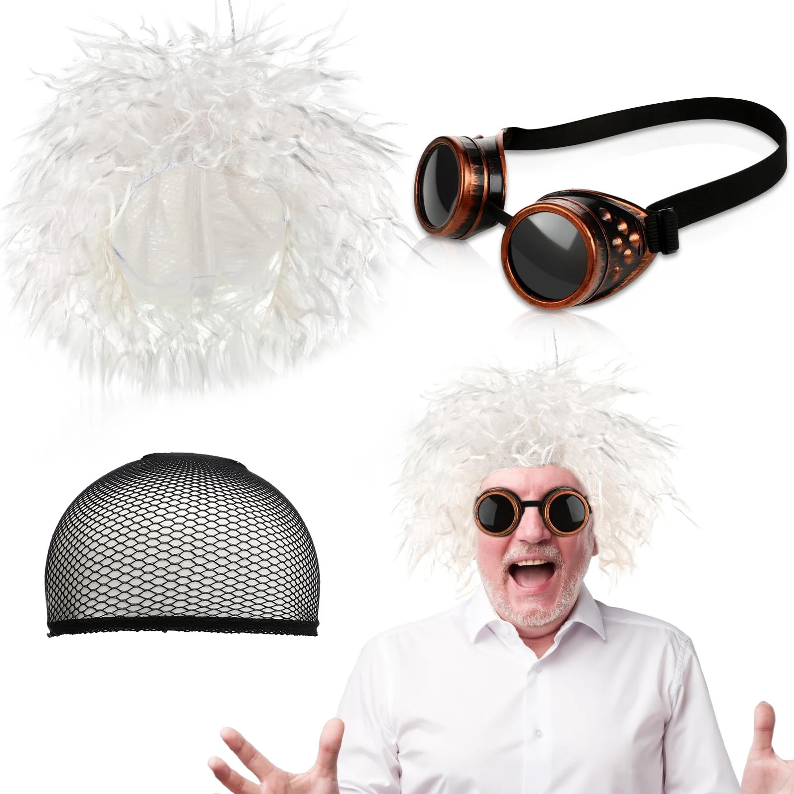 3 Pcs Mad Scientist Costume for Men Mad Wig and Steampunk Goggles White Crazy Wigs Scientist Costume for Halloween Cosplay