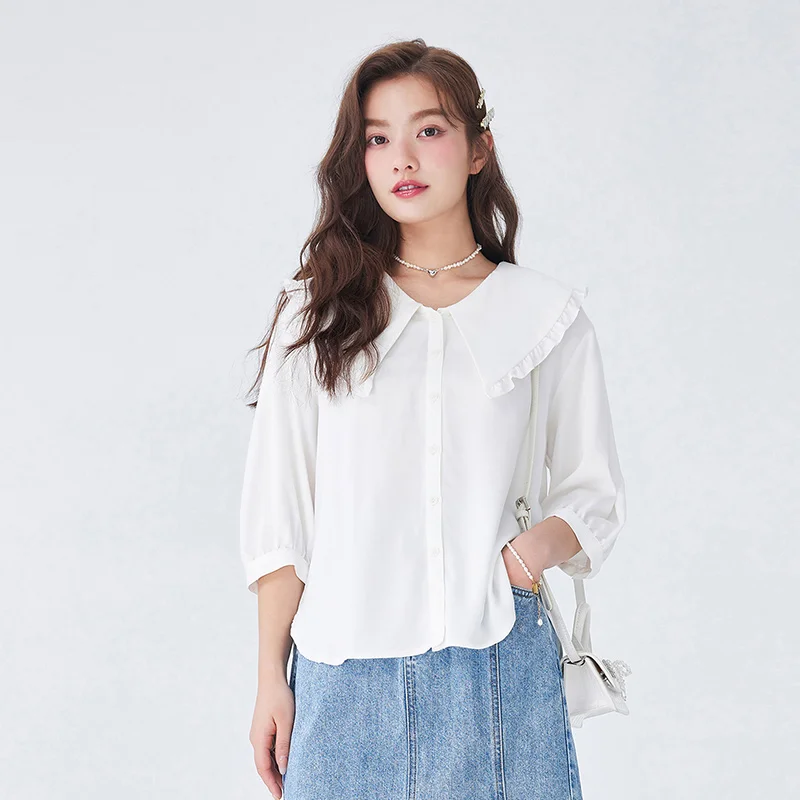 Semir Women Shirt Middle-sleeve Shirt Autumn New Easy-care White Gentle Stringy Selvedge Large Lapel Collar Clothes Shirt