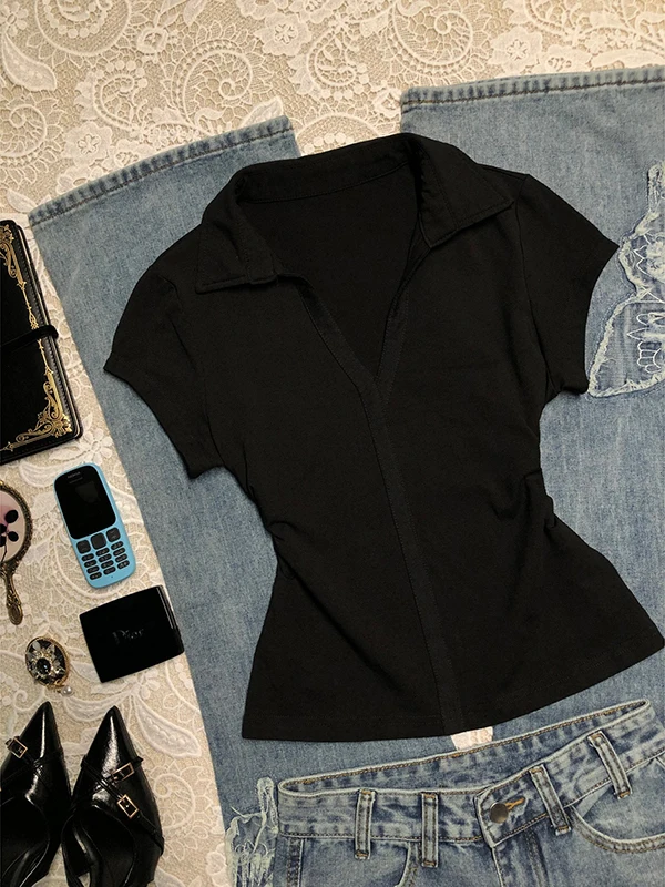 

Boya Girl Original Bla oulder V-ne ort-sved T-irt Women's Summer American Retro Simple Match Top Cotton Blend Sl...