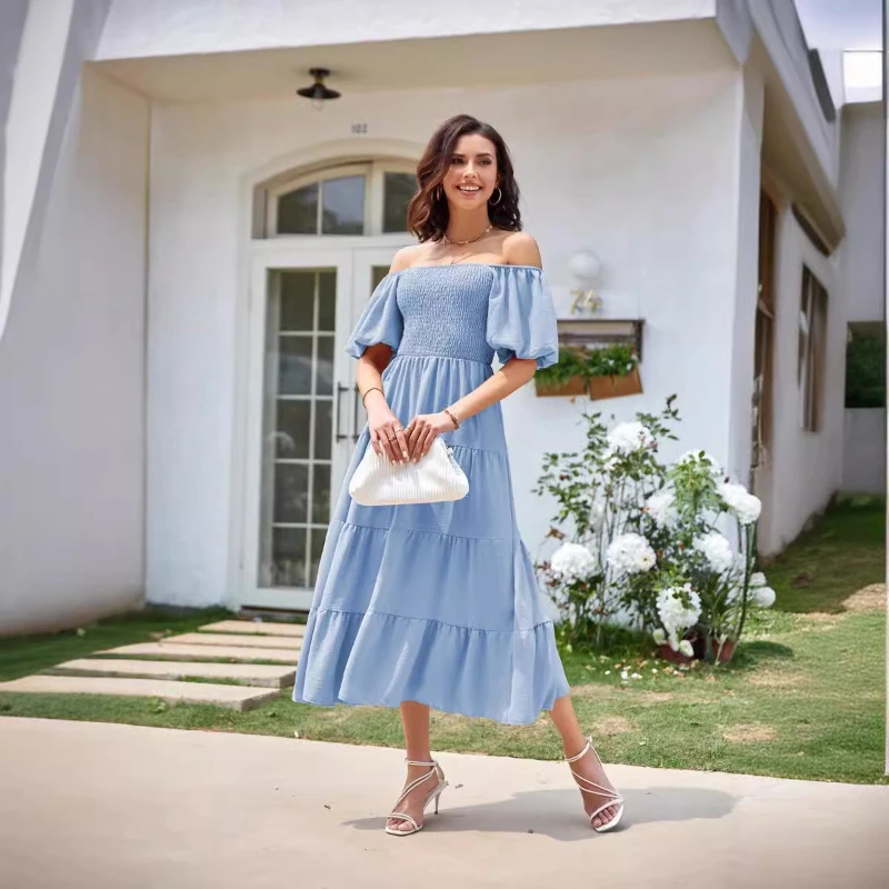 Vestido Midi escalonado con cuello cuadrado para mujer, Manga corta abullonada, cintura alta, informal, A la moda, verano 2024