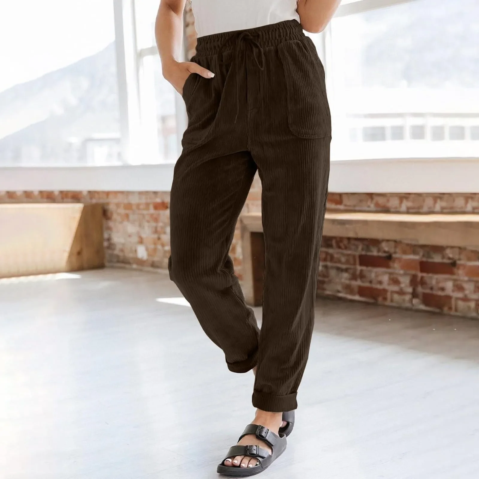 

Corduroy Pants for Women Elastic High Waisted Straight Leg Loose Trousers Fall Business Casual Pantalones for Woman Plus Size