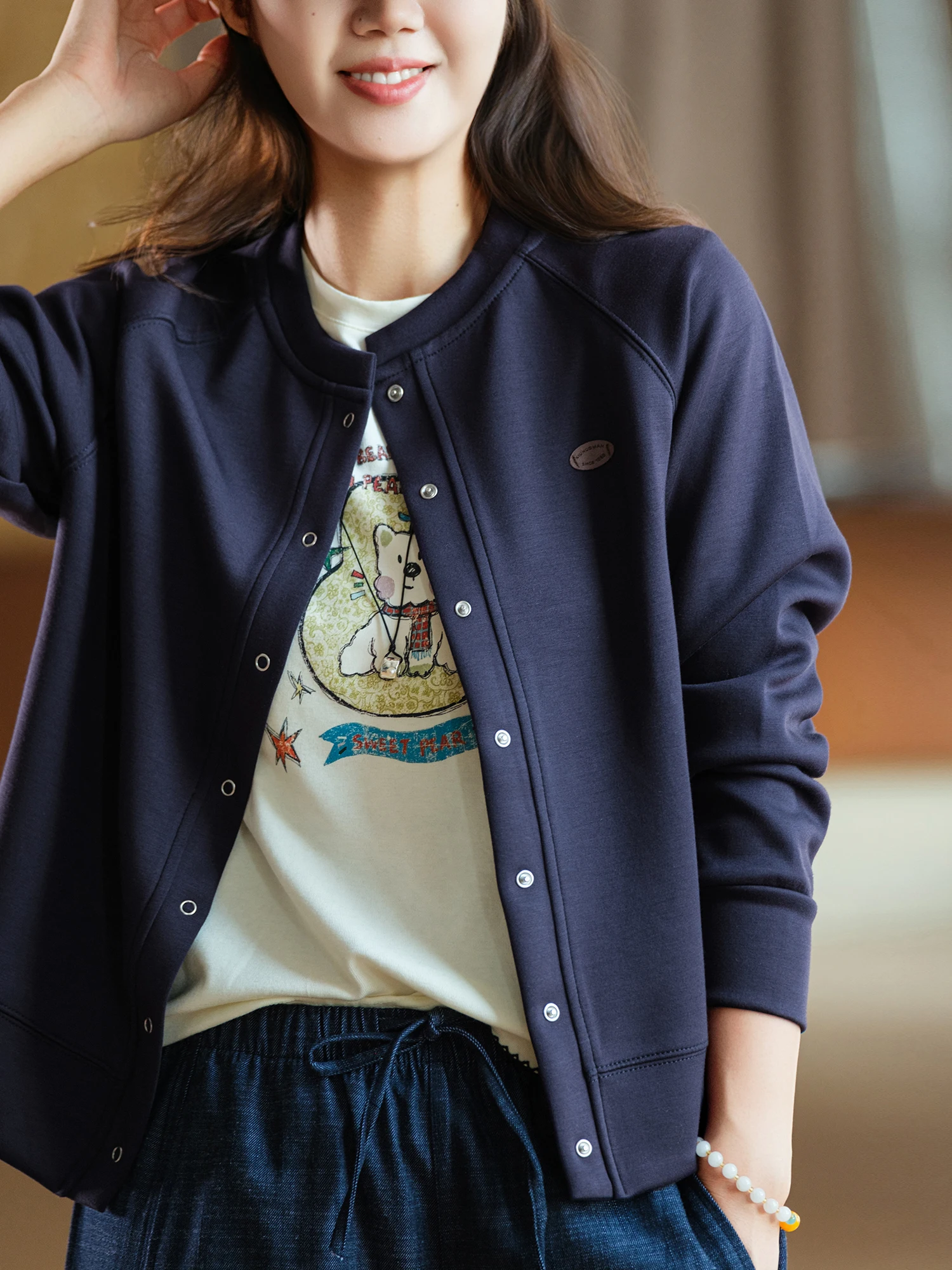 Soft Elastic Air Layer Cotton Thread Long Sleeve Outerwear Decorative Shoulder Strap Split Small Leather Label Casual Style W...