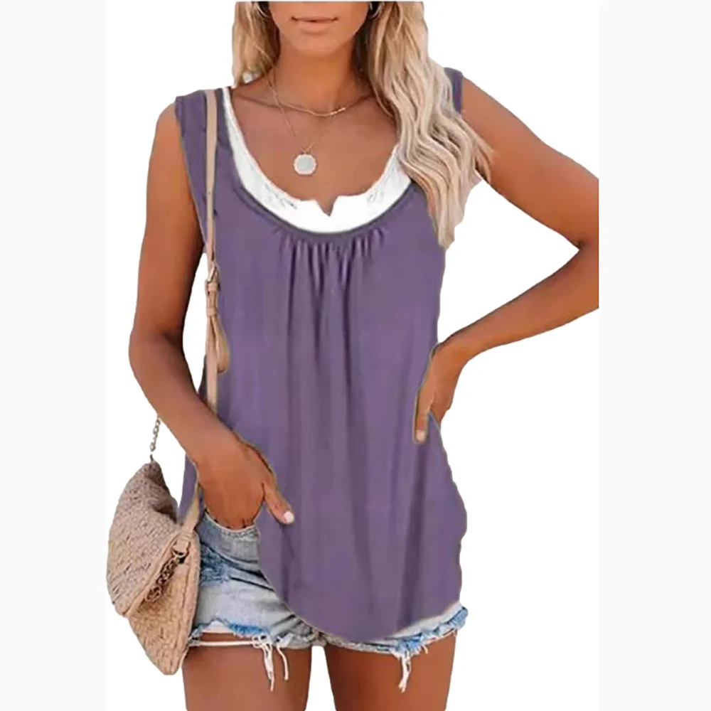 2026 Summer New Arrival Women's Two-Piece Look Sleeveless Tank Top Leaf Print Loose Casual Camisole with Pockets image 4
