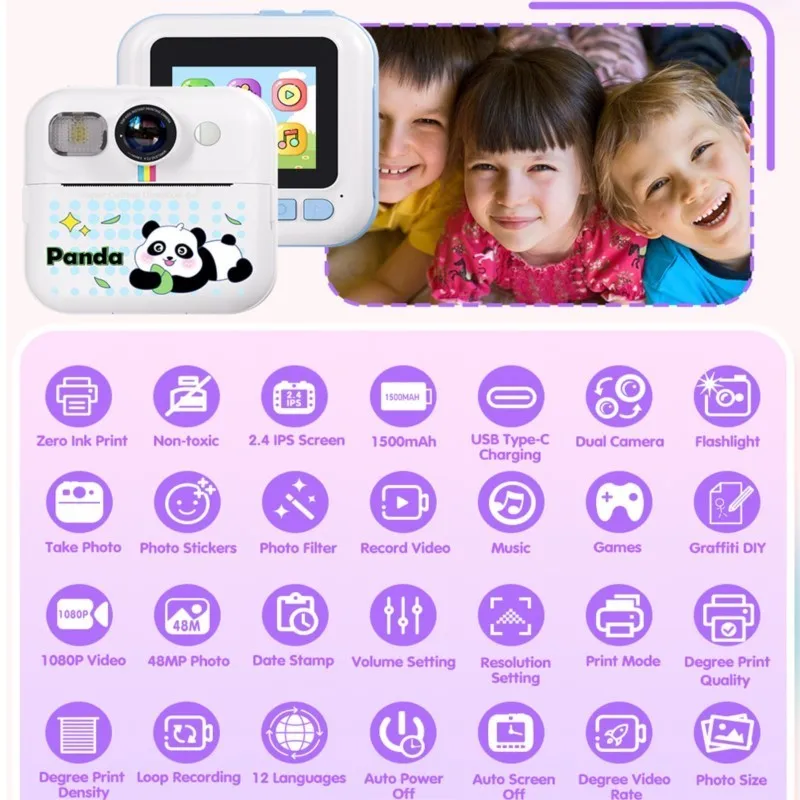 Kids Instant Camera Photo Printing Camera Games Flashlight 1080P Video Recorder with 3 Roll Paper Lanyard 1500Mah 2.4inch Screen
