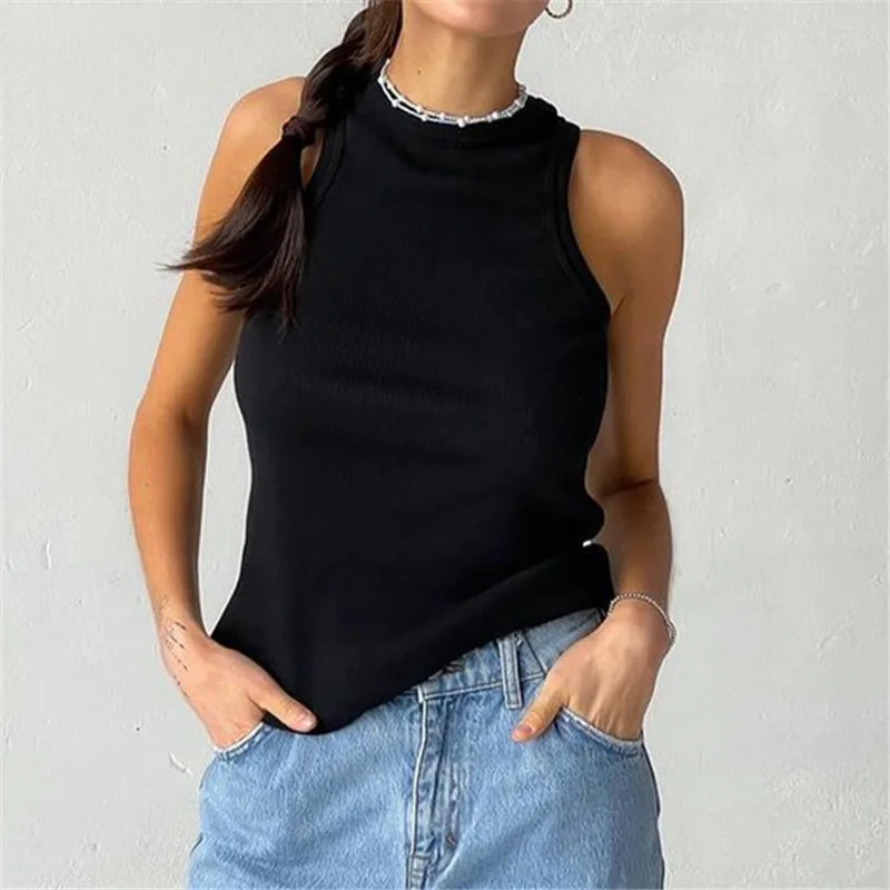 Ribbed Knitted Tops Neck Summer Basic Shirts White Black Casual Sport Vest Off Shoulder Green Women\'s Tank Top