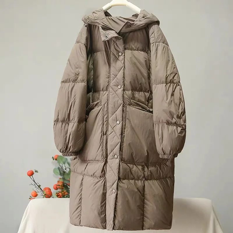 

Winter Long Hooded Big Pocket Down Jacket Female Warm Knee Length Parker Outwears Women White Duck Down Drawstring Down Jackets