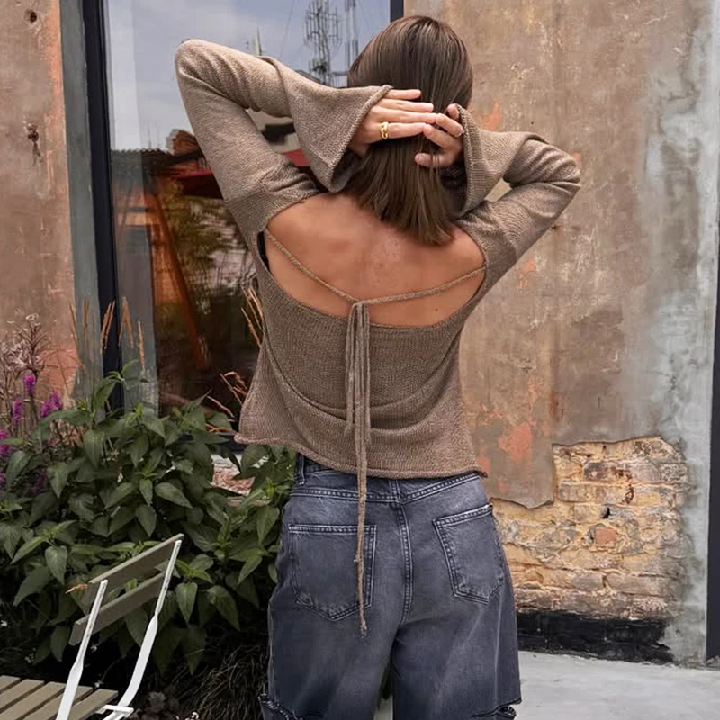 TARUXY Bell-Sleeved Backless Sexy Knitted Sweater Women's Lace Up Perspective Solid Casual Knit Pullover Commuter Female New Top view 2