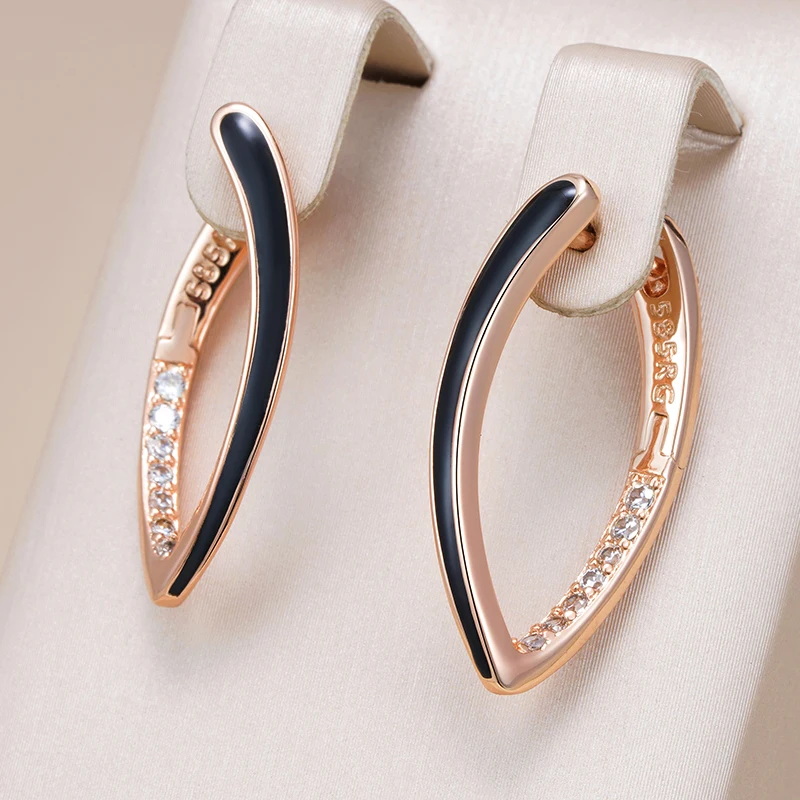 Kinel Hot Fashion 585 Rose Gold Color Black Enamel Drop Earrings For Women Girl Wedding Party Natural Zircon Eardrop Jewelry