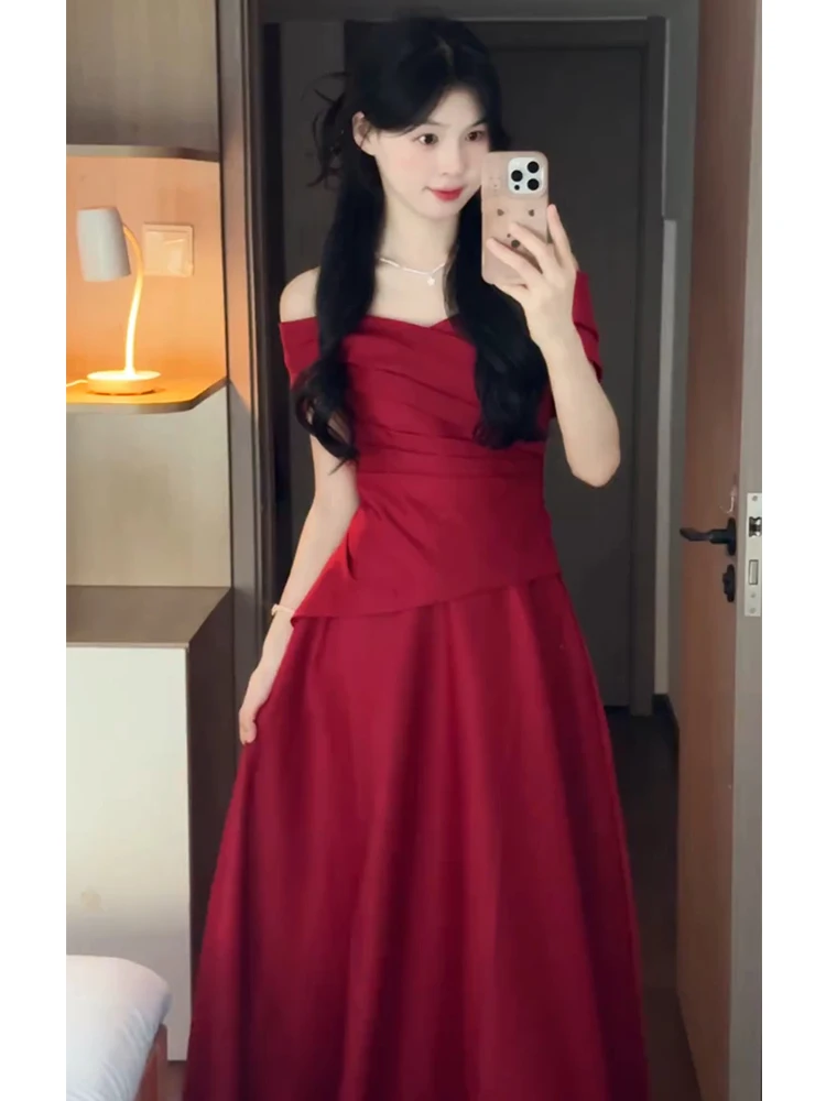 

Wedding Dr One oulder Satin Long Evening Gown for Bride Engagement Par Korean Sle Zipper Ba Ele Simple Color